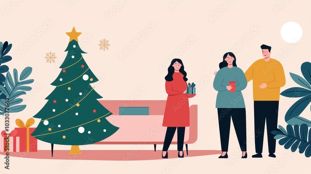 A festive illustration featuring two people beside a decorated Christmas tree, with gifts and a cozy sofa in a cheerful holiday setting. A festive illustration featuring two people beside a decorated Christmas tree, with gifts and a cozy sofa in a cheerful holiday setting.