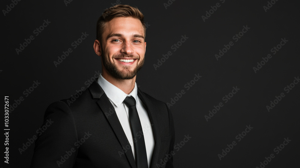 confident businessman in suit is smiling against dark background, exuding professionalism and charm. His well groomed appearance and positive demeanor create inviting atmosphere confident businessman in suit is smiling against dark background, exuding professionalism and charm. His well groomed appearance and positive demeanor create inviting atmosphere