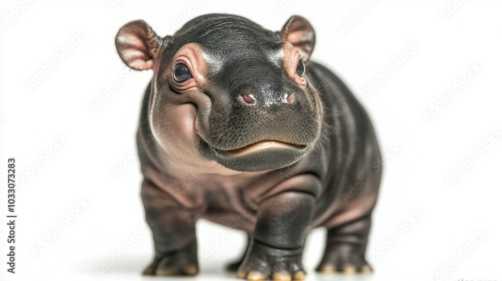 Baby hippo standing with his mouth slightly open, ready to play, isolated on white background Baby hippo standing with his mouth slightly open, ready to play, isolated on white background