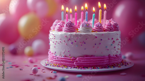 Birthday Cake with Colorful Candles and Sprinkles - Photo