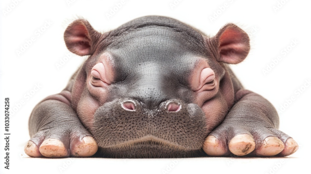 the baby hippo, resting his head on his paws, relaxed and sleepy, isolated on white background the baby hippo, resting his head on his paws, relaxed and sleepy, isolated on white background