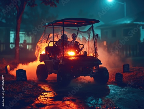 Graveyard-decorated golf cart, with skeletons, fog machine, and glowing lights, set in a suburban neighborhood at night, perfect for Halloween.
