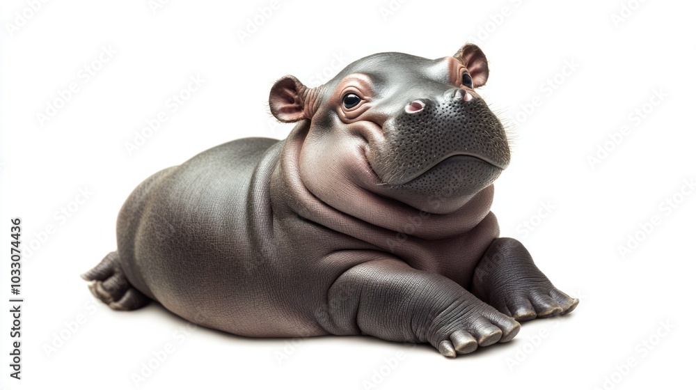 the baby hippo, rolling over with playful energy, cute round belly exposed, isolated on white background the baby hippo, rolling over with playful energy, cute round belly exposed, isolated on white background