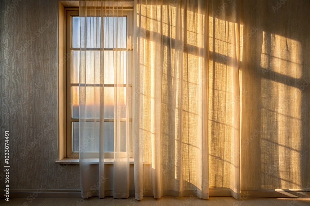 Shadow of window on wall with curtain in morning Shadow of window on wall with curtain in morning