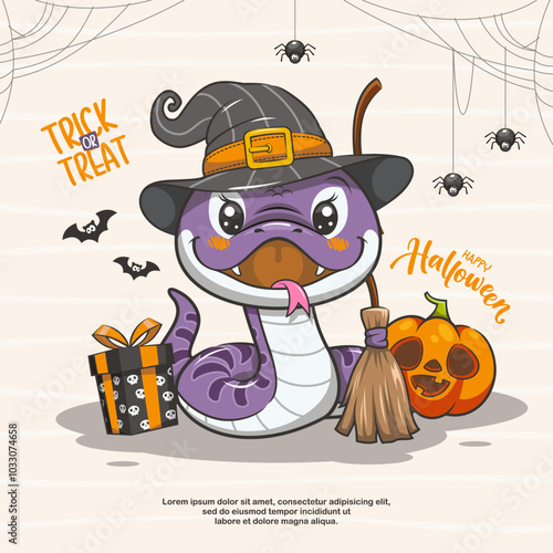 Happy Halloween With Cute Snake. Trik And Treat. Cartoon Illustration