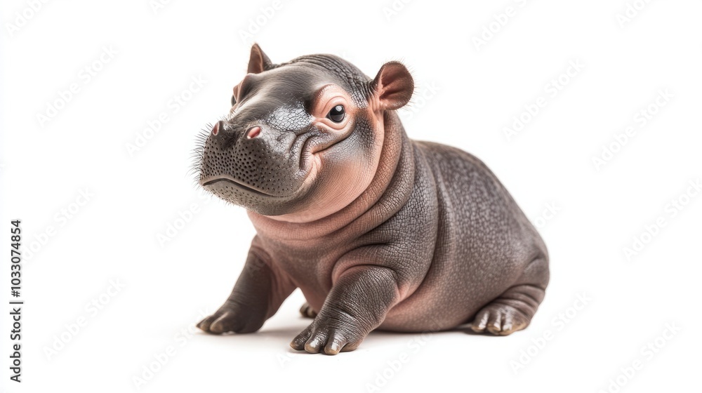 the baby hippo sitting with a tilt to his head, playful and inquisitive pose, isolated on white background the baby hippo sitting with a tilt to his head, playful and inquisitive pose, isolated on white background