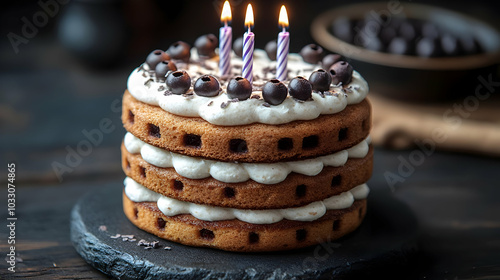 Layered Birthday Cake with White Frosting and Chocolate Topping - Food Photography