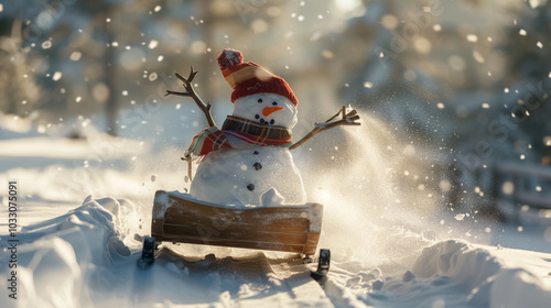 Playful funny snowman speeding downhill on a sled, scattering snowflakes in an energetic winter scene. Image made using Generative AI
