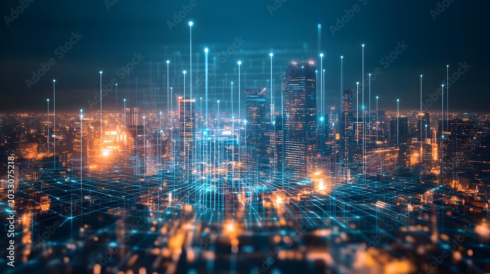 High-tech futuristic city skyline glowing with holographic displays and neon lights, with eco-friendly infrastructure High-tech futuristic city skyline glowing with holographic displays and neon lights, with eco-friendly infrastructure