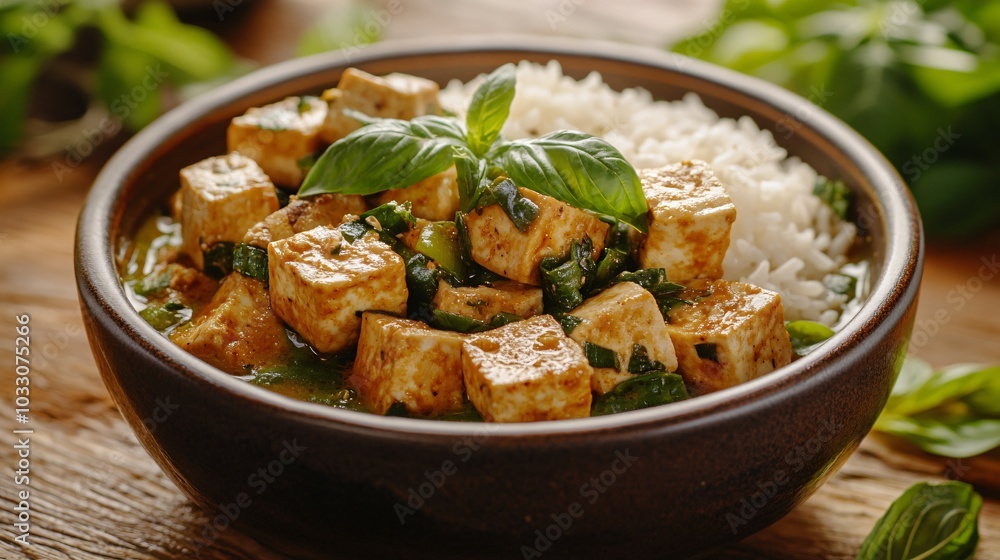 Green Curry with Tofu and Rice There are basil leaves decorated on top.
Green Curry with Tofu and Rice There are basil leaves decorated on top.