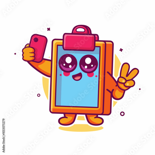funny clipboard character mascot taking a selfie with a smartphone isolated cartoon