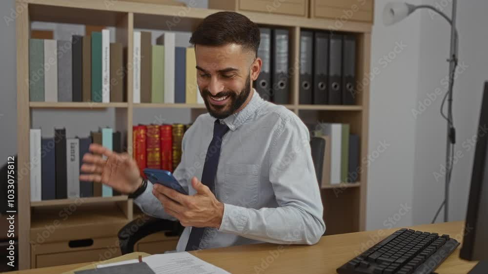 Young hispanic man with beard in office setting looking and smiling at smartphone for videocall with bookshelf and desk in the background, appearing professional and engaged. Young hispanic man with beard in office setting looking and smiling at smartphone for videocall with bookshelf and desk in the background, appearing professional and engaged.