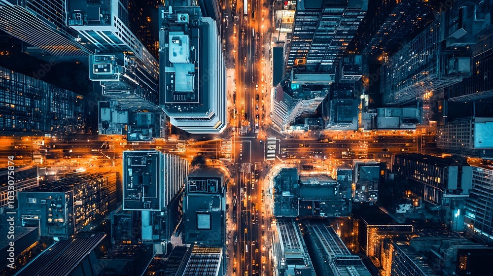 Top view of a cyberpunk-inspired city with vibrant lighting, advanced AI infrastructure, and futuristic transportation Top view of a cyberpunk-inspired city with vibrant lighting, advanced AI infrastructure, and futuristic transportation