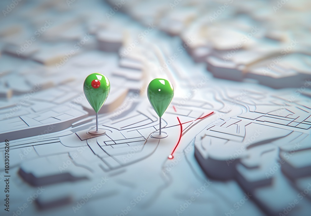 3D cartoon, two map pins connected by a line on a city street map 3D cartoon, two map pins connected by a line on a city street map