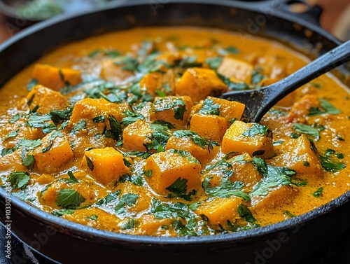 vegan Thai curry, Vibrant kabocha squash chunks being simmered in coconut milk for a creamy . photo