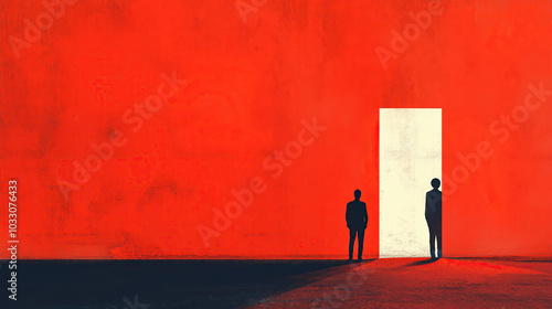 Wallpaper Mural  Minimalist illustration of two people standing in front of an open door. One person is illuminated by the light coming from behind, while the other stands in shadow. The background is a bright red, w Torontodigital.ca