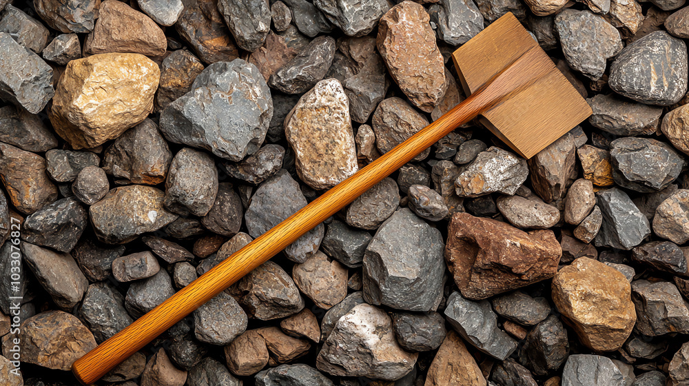 Wooden shovel on rocky ground Wooden shovel on rocky ground