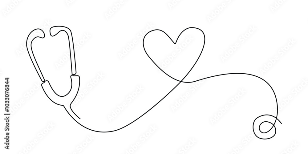 Fototapeta premium one continuous line drawing of a stethoscope forming a heart.one line drawing of a medical stethoscope in the shape of a heart.single line vector illustration.isolated white background