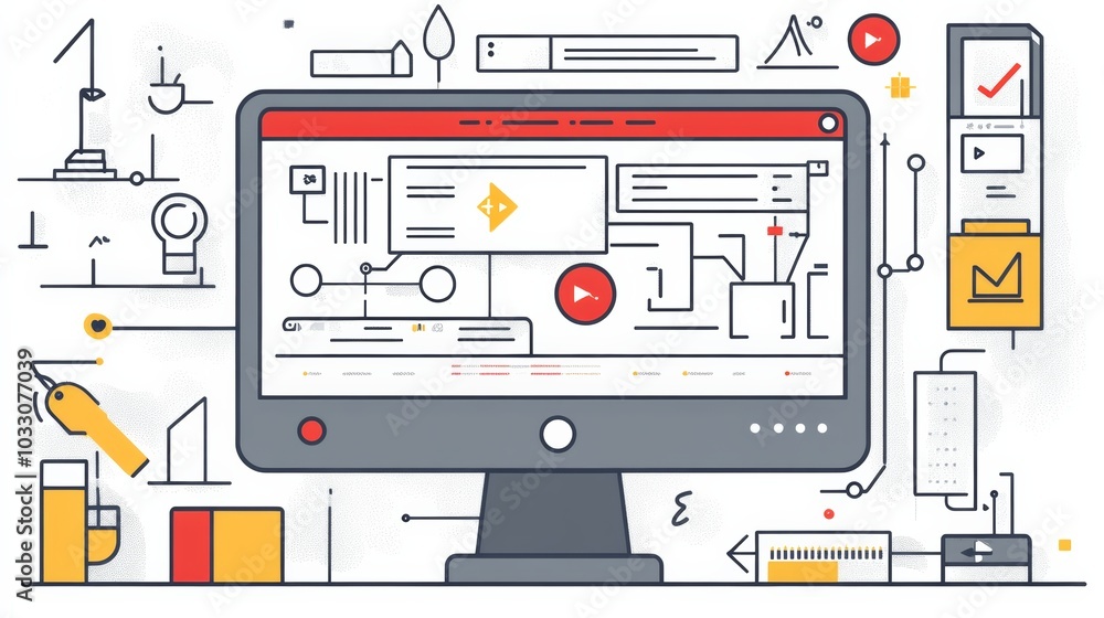 A website wireframe with UX design trends displayed on a large monitor, surrounded by creative tools and digital design elements A website wireframe with UX design trends displayed on a large monitor, surrounded by creative tools and digital design elements