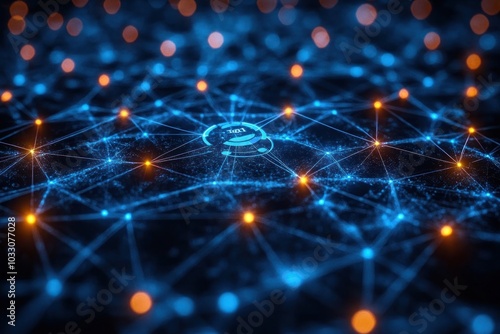 A digital network visualization with interconnected nodes and glowing points.