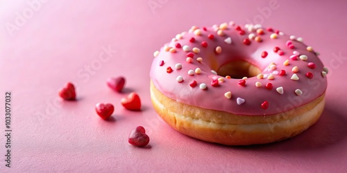 Valentine pink donut with strawberry frosting and decorative hearts on a low angle