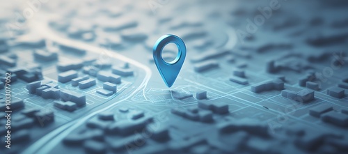 3D icon of a map with a blue location pin on a light background, in a minimalistic style with blue colors and a simple design