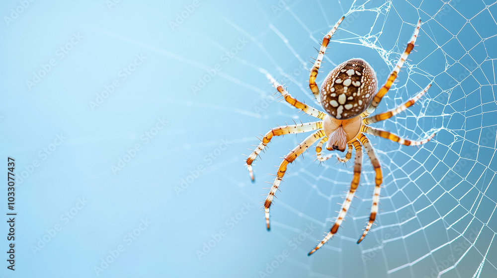 Spider on Web: Intricate details of a spider on its web against a serene blue backdrop. Macro photography reveals the spider's intricate patterns and the delicate structure of its web. Spider on Web: Intricate details of a spider on its web against a serene blue backdrop. Macro photography reveals the spider's intricate patterns and the delicate structure of its web.