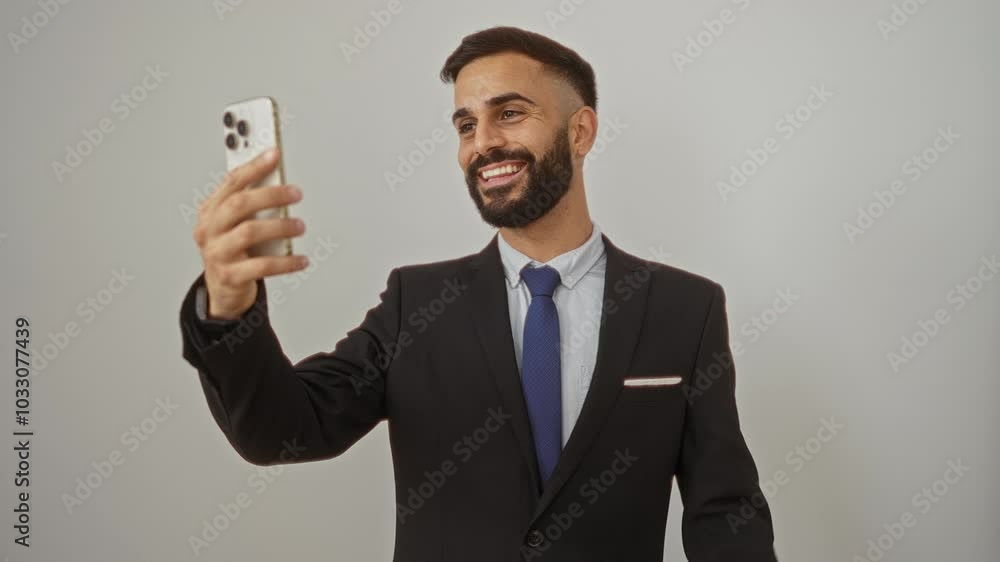 Handsome hispanic man in suit smiling while video calling on his smartphone over isolated white background, waving with his hand. Handsome hispanic man in suit smiling while video calling on his smartphone over isolated white background, waving with his hand.