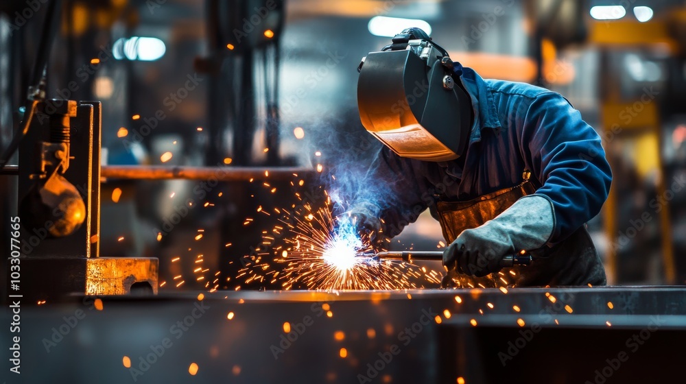 A welder in a metalworking factory, surrounded by heavy-duty tools and machinery, welding large metal components A welder in a metalworking factory, surrounded by heavy-duty tools and machinery, welding large metal components