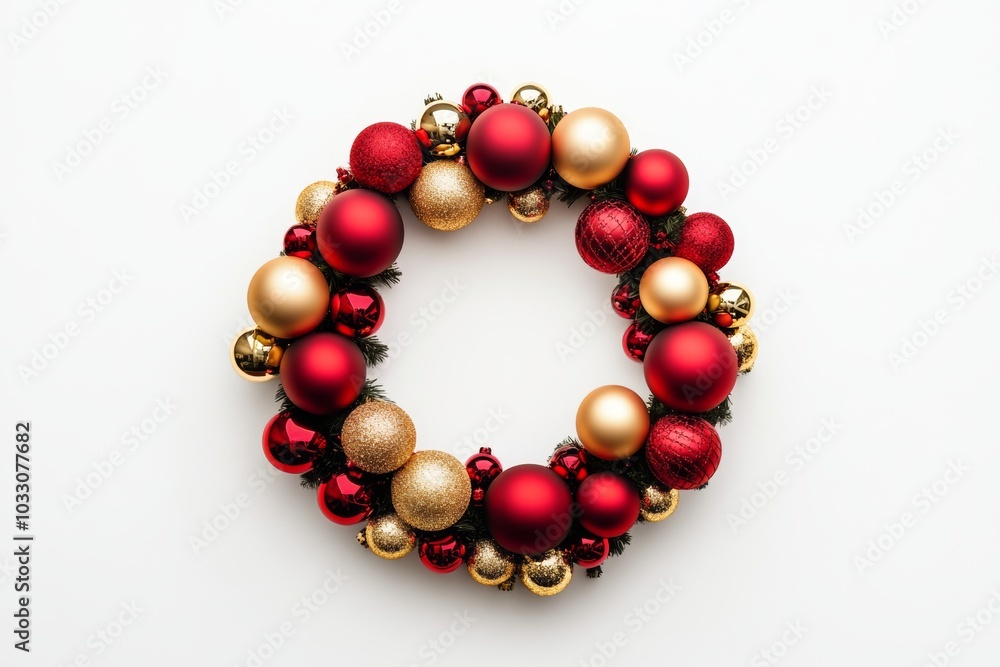 Minimalist Christmas wreath adorned with red and gold ornaments set against a bright white background Minimalist Christmas wreath adorned with red and gold ornaments set against a bright white background
