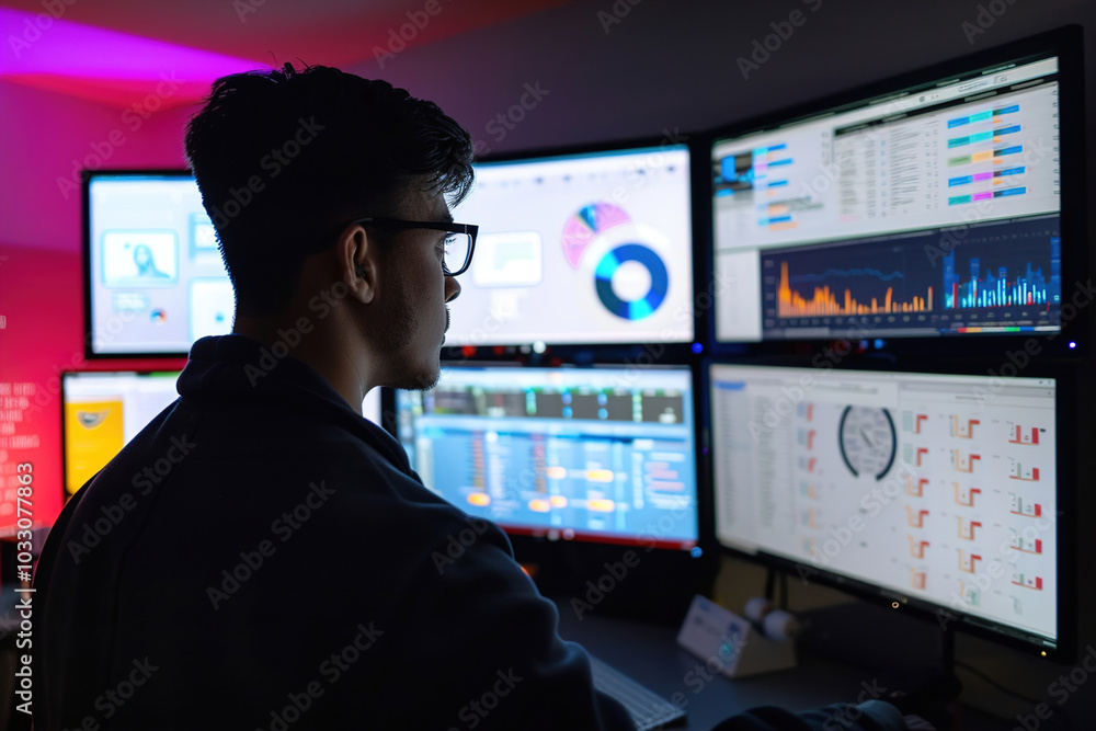 Remote social media manager analyzing engagement metrics, multiple screens displaying various platform dashboards Remote social media manager analyzing engagement metrics, multiple screens displaying various platform dashboards