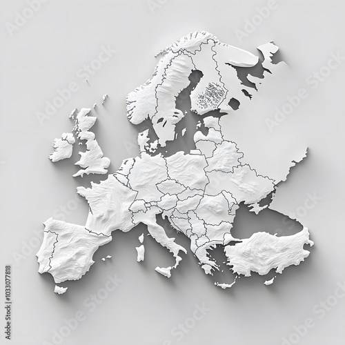 3D isometric map of Europe, in white color on a grey background, photo