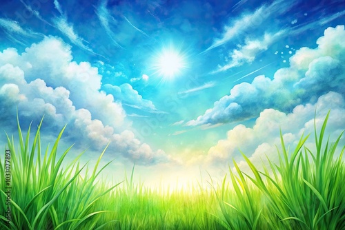 watercolor spring background, medium shot, green grass, blue sky, clouds