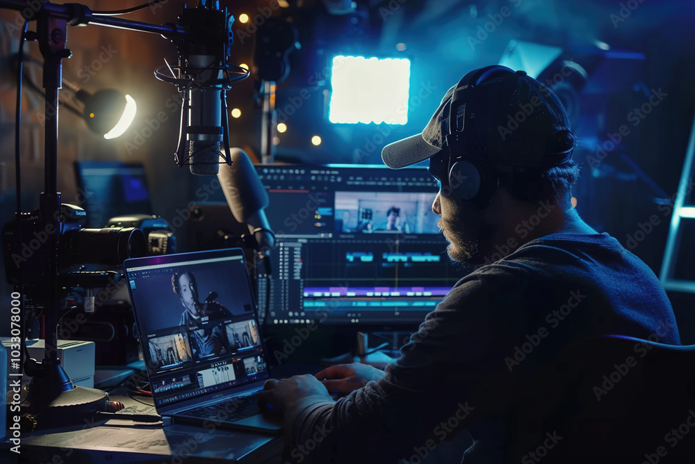 Digital content creator editing video clips on laptop, surrounded by cameras, microphone, and lighting equipment Digital content creator editing video clips on laptop, surrounded by cameras, microphone, and lighting equipment