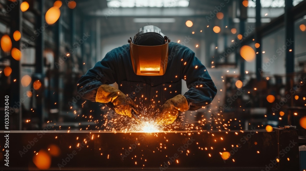 A welder performing a detailed welding job in a workshop, with intense focus and orange sparks flying in the background A welder performing a detailed welding job in a workshop, with intense focus and orange sparks flying in the background