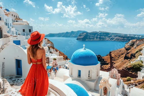 A woman in a red dress and hat standing on the white buildings of Santorini with blue domes