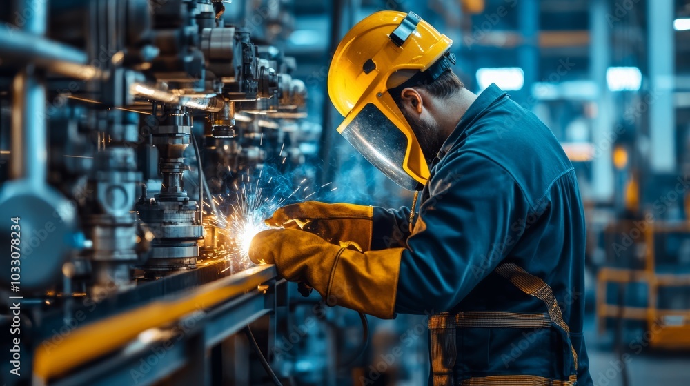 A welder wearing protective gear, working on a large metal structure in an industrial metalworking factory A welder wearing protective gear, working on a large metal structure in an industrial metalworking factory