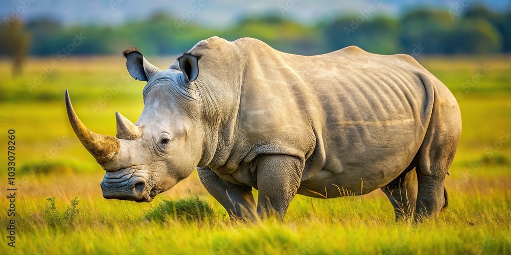 Obraz premium White rhinoceros at a tilted angle on the grass