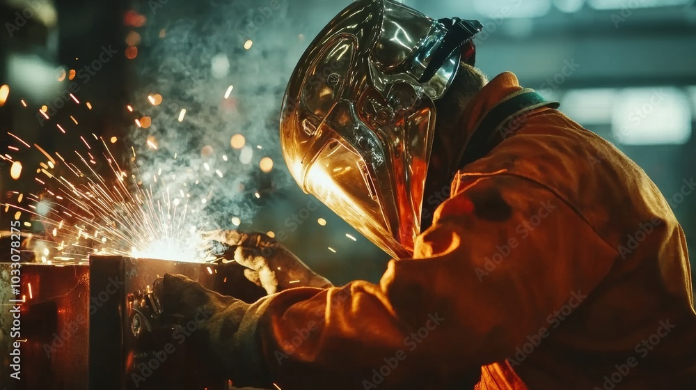A welding process captured in a metal workshop, with the welder wearing a welding helmet and safety gear, intensely focused on the task