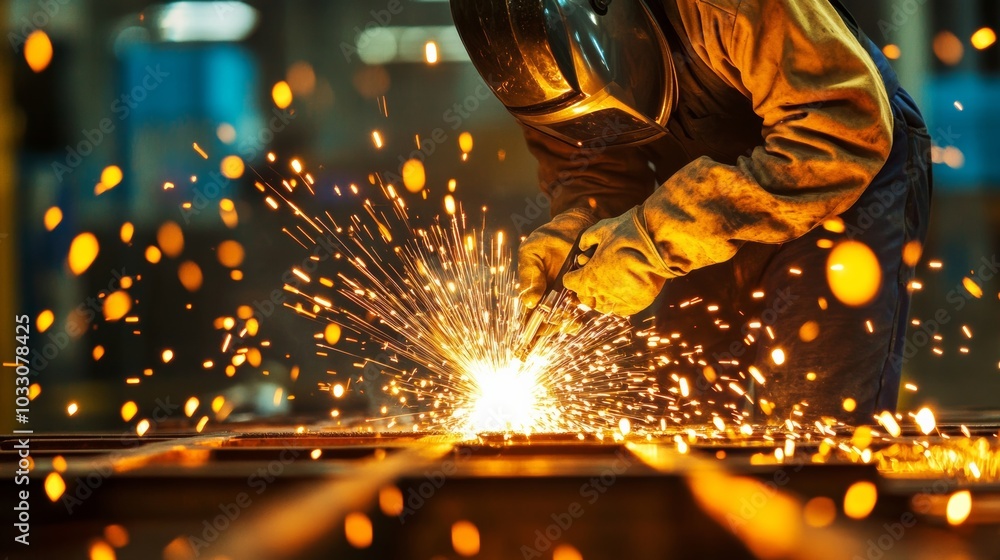 A welding worker creating precise welds on a metal part, with vivid sparks lighting up the surrounding workshop A welding worker creating precise welds on a metal part, with vivid sparks lighting up the surrounding workshop