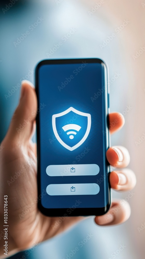 Smartphone displaying security app with shield icon, isolated background. Smartphone displaying security app with shield icon, isolated background.