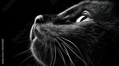 A close-up of a black cat's face against a dark background, highlighting its features.