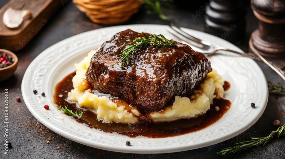 A delicious plate featuring tender beef over creamy mashed potatoes with rich gravy. A delicious plate featuring tender beef over creamy mashed potatoes with rich gravy.