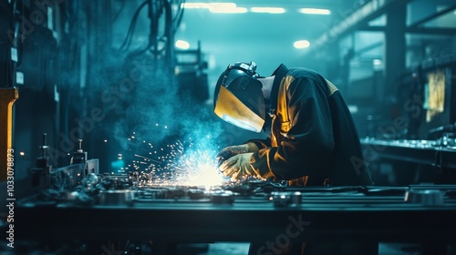 A welding worker in a factory, welding metal parts together on an industrial production line, with safety equipment and tools around