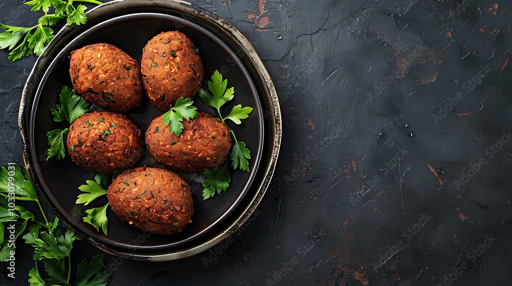 Homemade grilled meatballs with parsley on black plate over black texture background. Homemade grilled meatballs with parsley on black plate over black texture background.