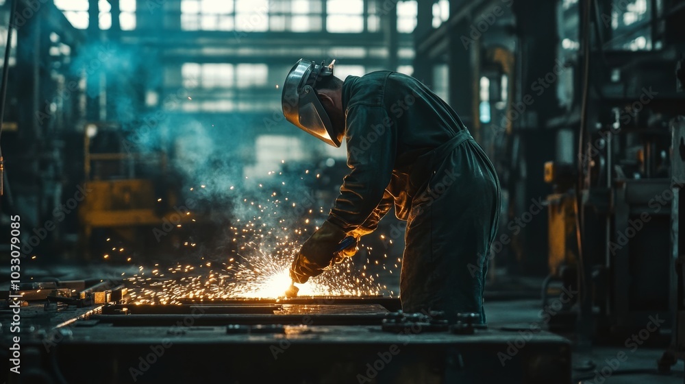 A welding worker in a factory, welding metal parts together on an industrial production line, with safety equipment and tools around A welding worker in a factory, welding metal parts together on an industrial production line, with safety equipment and tools around