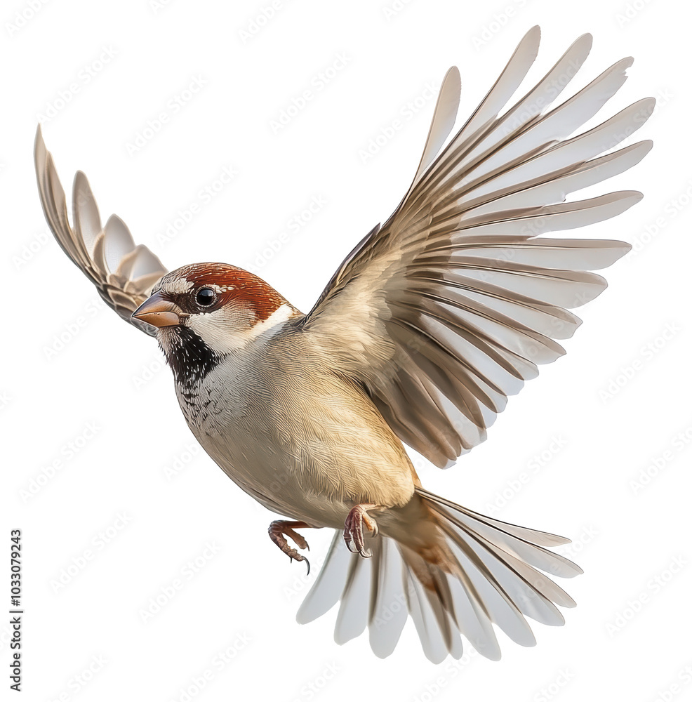 Naklejka premium A small brown bird with a black beak flies through the air. The bird is in the middle of its flight, with its wings spread wide. Concept of freedom and grace as the bird soars through the sky