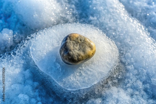 Winter ice encasing small rocks and pebbles from a high angle