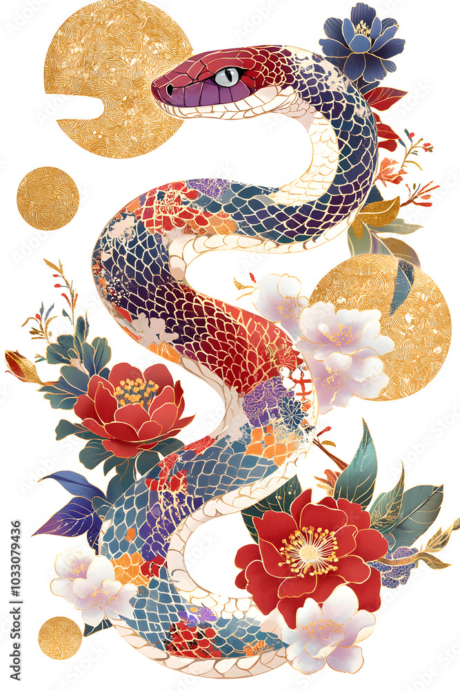 Obraz premium カラフルな花柄蛇のデザイン。アーティスティックな和風イメージ2025年の年がはがきなど。巳年、乙巳。
