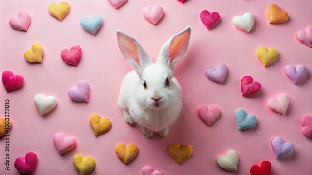 Cute White Rabbit Surrounded by Hearts on Soft Pink Background for Romantic Themes Cute White Rabbit Surrounded by Hearts on Soft Pink Background for Romantic Themes